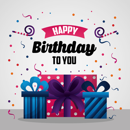 happy birthday card serpentine gift boxes ribbon vector illustrationのイラスト素材
