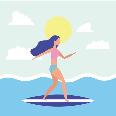 summer time vacations girl riding surf table sea enjoying sunny day vector illustrationのイラスト素材