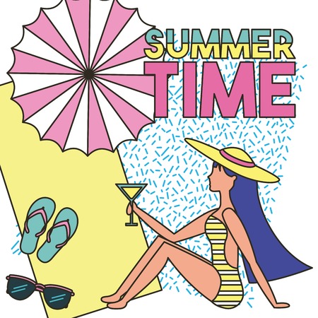 summer time vacations umbrella towel sandals glasses girl sitting sand drinking vector illustrationのイラスト素材