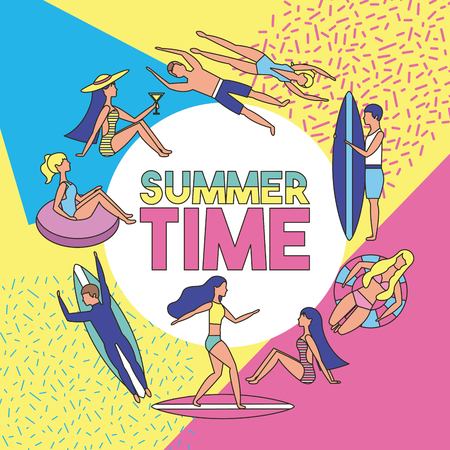 summer time vacations figures colors background sticker sign guys enjoying vector illustrationのイラスト素材