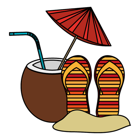 tropical coconut cocktail with flip flops vector illustration designのイラスト素材