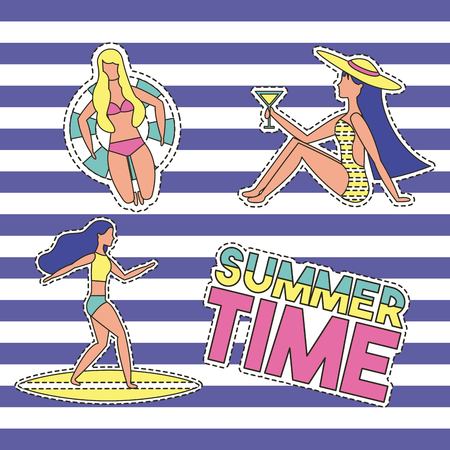 summer time vacations girls riding surf table sitting drinking lying down float vector illustrationのイラスト素材