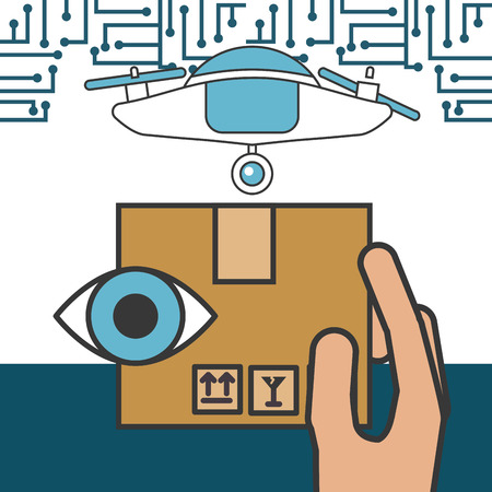 drone technology futuristic device holding box surveillance eye vector illustrationのイラスト素材