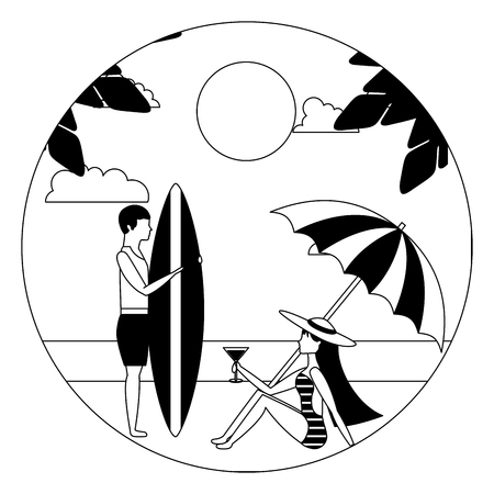 woman in swimsuit with cocktail and man with surfboard in beach vector illustration black and whiteの写真素材
