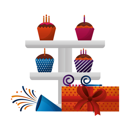 set sweet cupcakes with gift box present and party whistle icon vector illustration designのイラスト素材