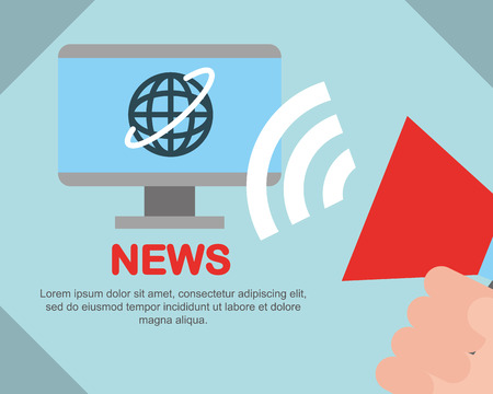 news communication computer world sign hand holding megaphone vector illustrationのイラスト素材