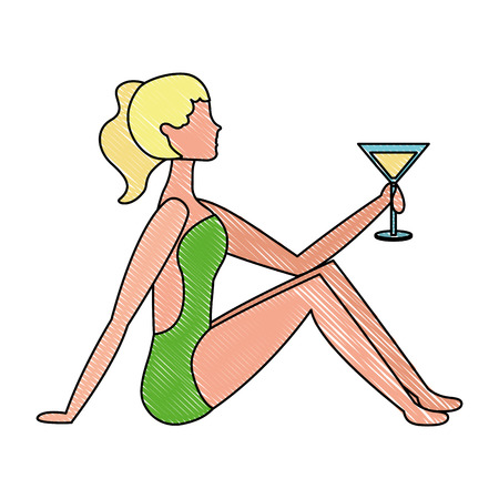 beautiful woman in swimsuit with cocktail vector illustration drawingのイラスト素材