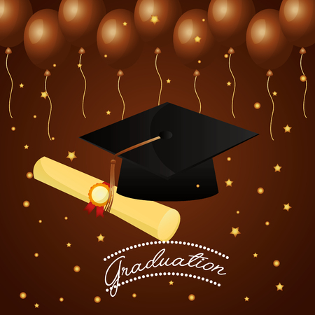 congratulations graduation hat certificate and stars balloons brown background vector illustrationのイラスト素材