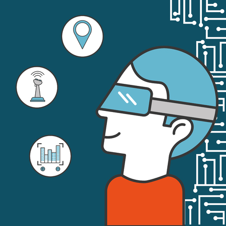 drone technology futuristic man using realistic glasses stickers focus buildings location control vector illustrationのイラスト素材