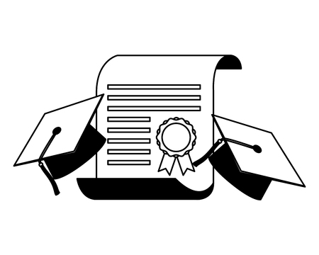 two graduation hat and school certificate vector illustration black and whiteのイラスト素材