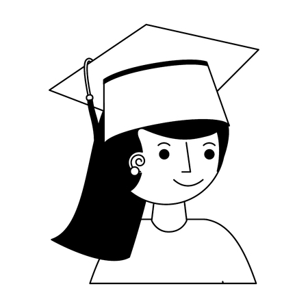 graduate girl portrait in graduation hat vector illustration black and whiteのイラスト素材