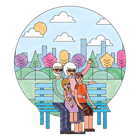 grandparents with grandkids sitting on park bench vector illustration drawingのイラスト素材
