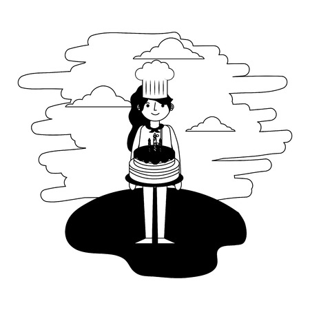 female chef with cake standing in the landscape vector illustrationのイラスト素材