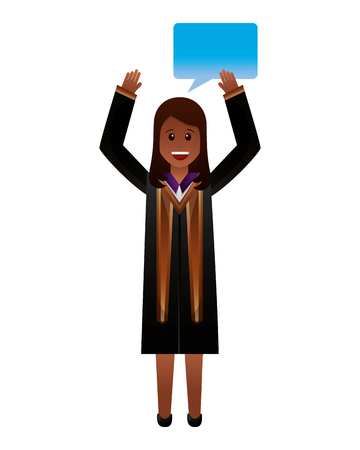 young woman graduated with hands up and speech bubble vector illustration designのイラスト素材