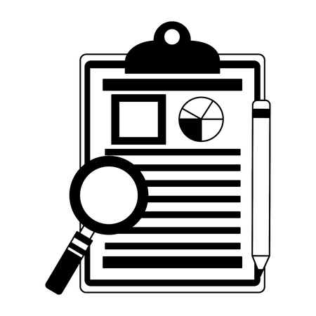 office clipboard report magnifying glass and pencil vector illustration monochromeの写真素材