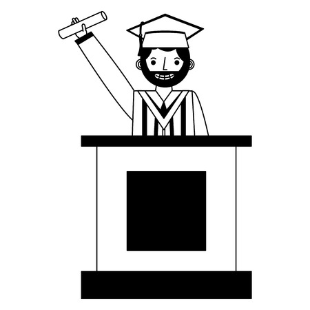 graduate man with diploma in the podium vector illustration black and whiteの写真素材