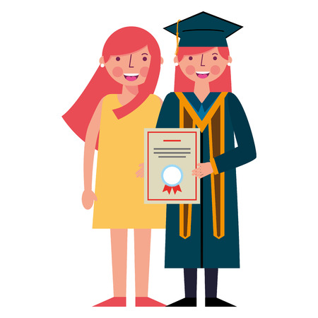 smiling graduate woman holds certificate and her mother vector illustrationの写真素材