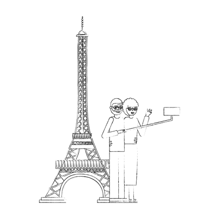 cute grandparents with eiffel tower and pole selfie vector illustration designのイラスト素材