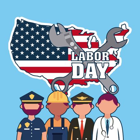 labor day card map with american flag people jobs vector illustrationのイラスト素材