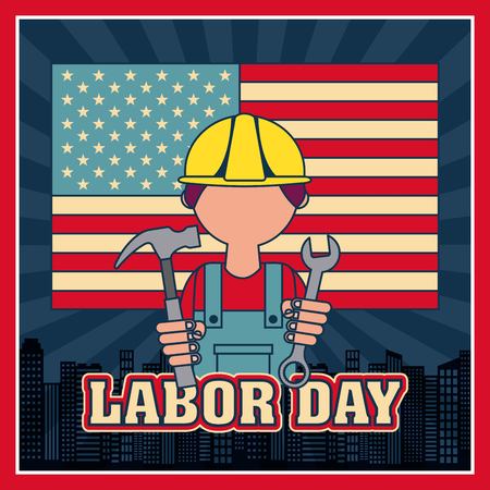 labor day builder holding hammer wrench city american flag vector illustrationのイラスト素材