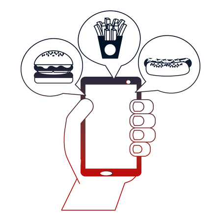 hand holds smartphone order food online vector illustration neon designのイラスト素材