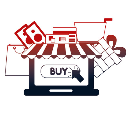 laptop money card bank gift bag cart buy online vector illustration neon designのイラスト素材