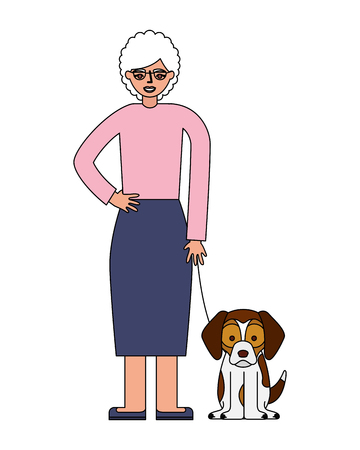 grandmother standing with her beagle dog vector illustrationのイラスト素材