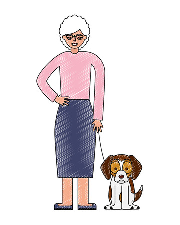 cute grandmother with mascot dog vector illustration designのイラスト素材