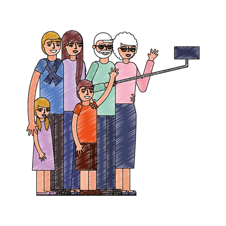 happy grandparents and parents with kids making selfie vector illustration drawingのイラスト素材