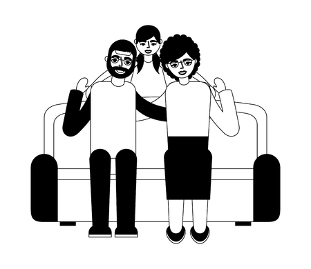 grandparents with granddaughter sitting on sofa vector illustration monochromeのイラスト素材