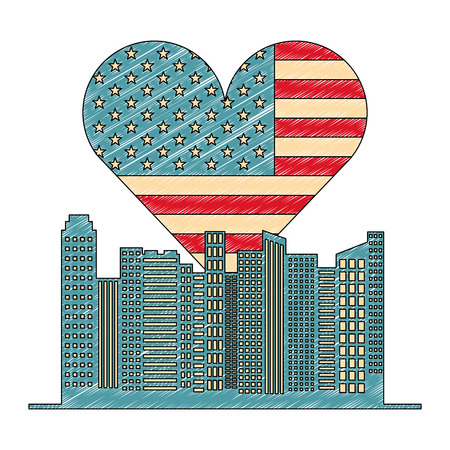 american flag in heart city buildings vector illustrationのイラスト素材