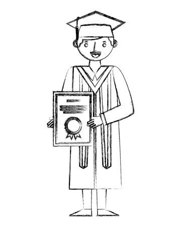 graduate man with graduation robe holds certificate vector illustration hand drawのイラスト素材