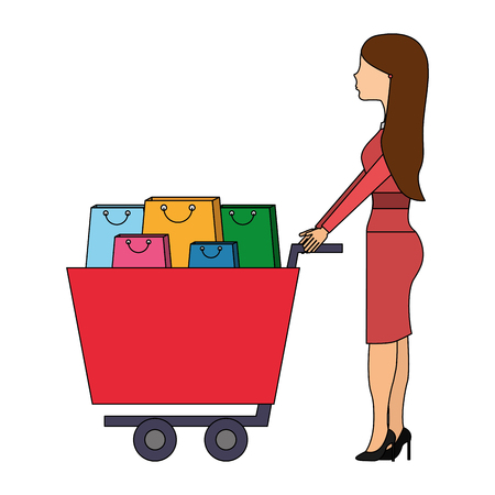 woman with shopping cart full paper bags vector illustrationのイラスト素材