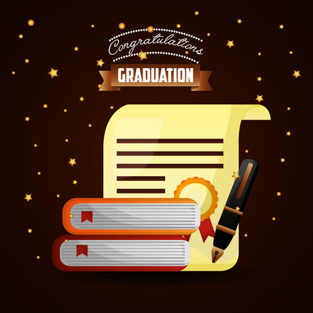 congratulations graduation certificate pen books sign stars background vector illustrationのイラスト素材
