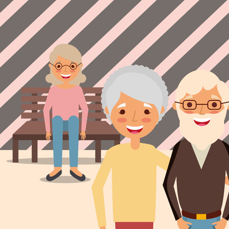 grandparents couple and grandma sitting on bench vector illustrationのイラスト素材