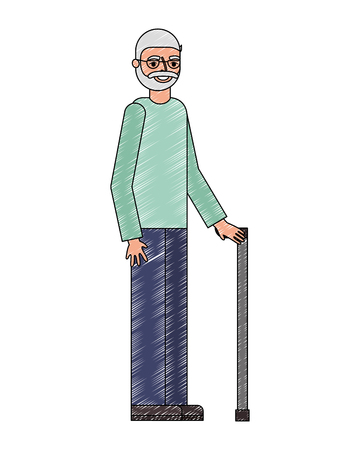 old bearded man and glasses with cane vector illustrationのイラスト素材