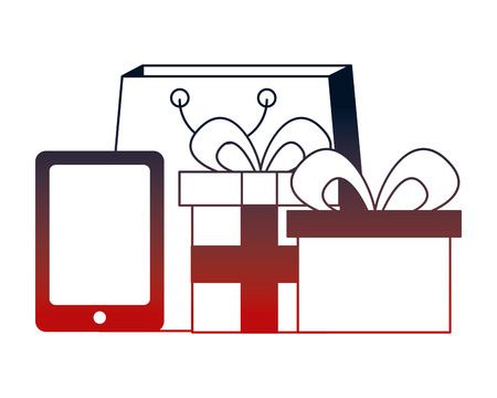 smartphone shopping bag gift boxes ecommerce vector illustration neon designのイラスト素材