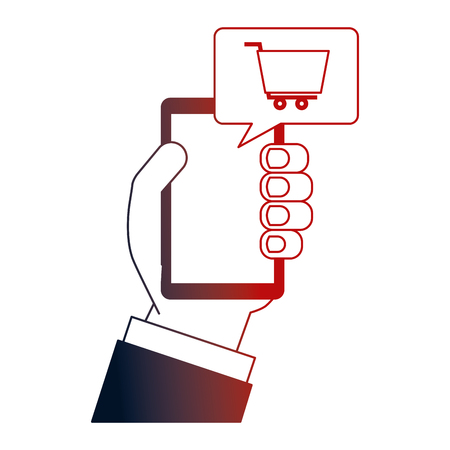 hand holding smartphone shopping cart online vector illustration neon designのイラスト素材