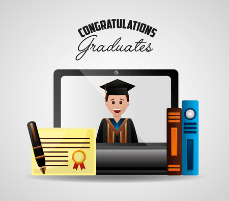 congratulations graduation student smiling screen computer books certificate vector illustrationのイラスト素材