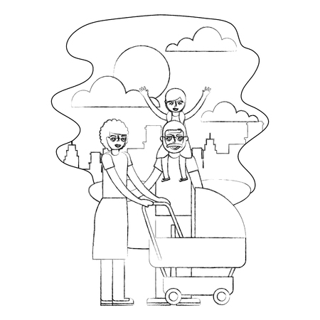 grandparents with graddaughter and baby pram vector illustration hand drawingのイラスト素材