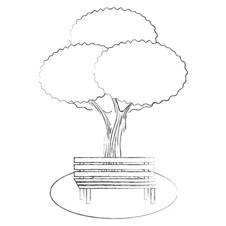 leafy tree foliage nature and bench park vector illustration hand drawingのイラスト素材