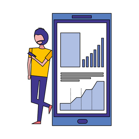 young man with smartphone of statistics graphic vector illustration designのイラスト素材