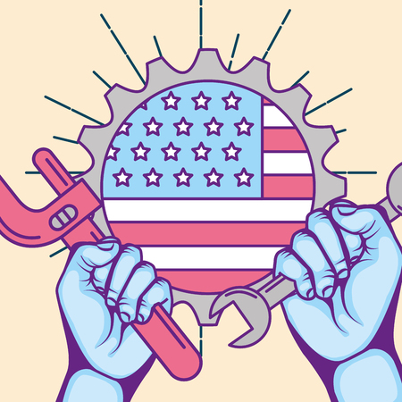 hands with spanner and wrench american flag labor day emblem vector illustrationの写真素材