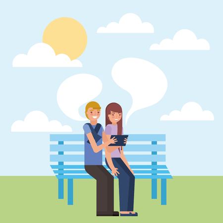 couple making selfie sitting on bench vector illustrationのイラスト素材