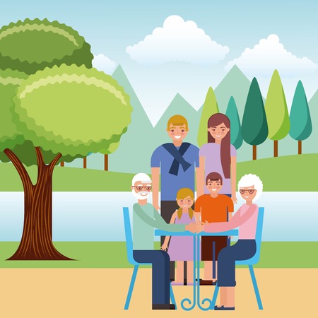 grandparents sitting on chairs and family in the park vector illustrationのイラスト素材