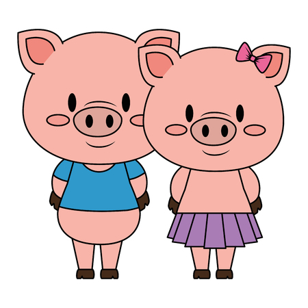cute and adorable couple piggy characters vector illustration designのイラスト素材