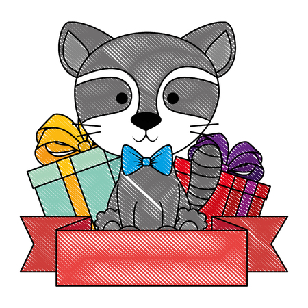 cute and adorable raccoon with gifts vector illustration designのイラスト素材