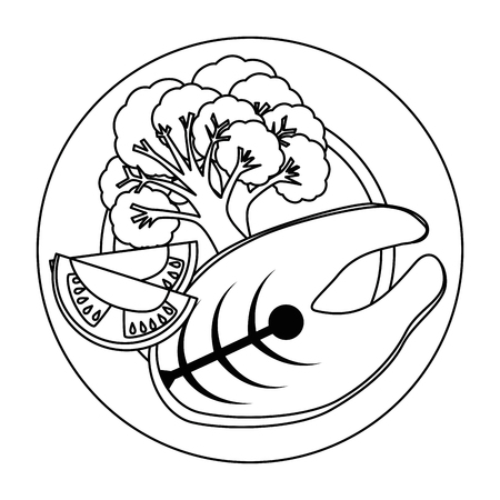 dish with fresh salmon steak and vegetables vector illustration designのイラスト素材
