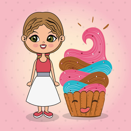 beautiful girl with cupcake kawaii characters vector illustration designのイラスト素材