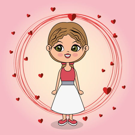 beautiful girl with hearts floating kawaii character vector illustration designのイラスト素材